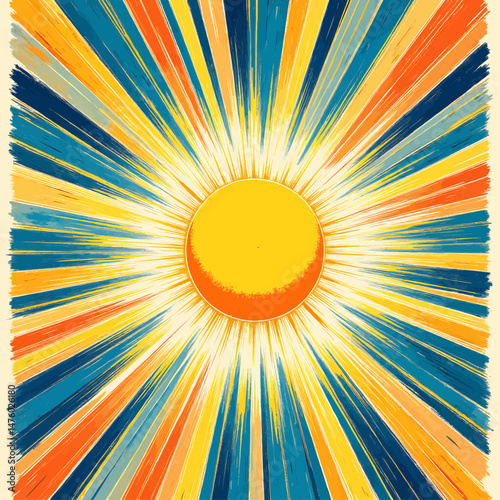 Abstract sunburst radiating yellow orange blue light