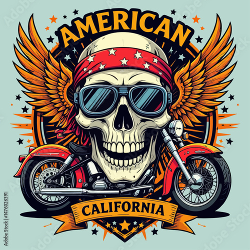 American Biker Skull Wings Motorcycle California Freedom Ride