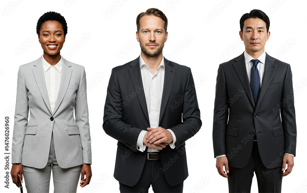 Studio portrait of three diverse business professionals, including a Black woman, a White man, and an East Asian man, wearing suits against a transparent background. Studio portrait of three diverse business professionals, including a Black woman, a White man, and an East Asian man, wearing suits against a transparent background.