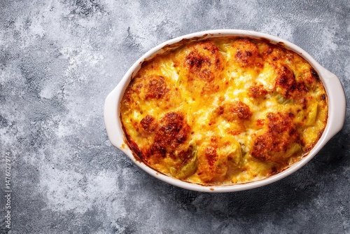 Cabbage casserole with cheese on a gray surface Bird s eye view room for text