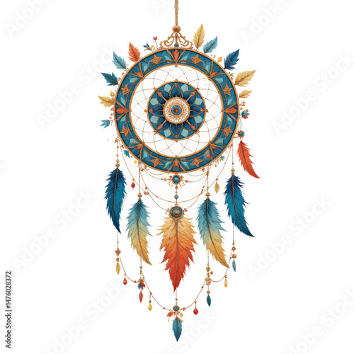 Bohemian dreamcatcher with blue, gold, and orange feathers