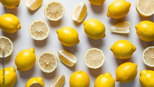 Obraz na płótnie Flat lay of vibrant yellow lemon fruits, cut into halves, slices, and quarters, arranged in a scattered layout w salonie
