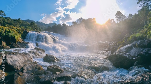 A wide-angle view of Detian Waterfall in full force, the water tumbling over the rocks, creating a misty spray that shimmers in the sunlight. photo