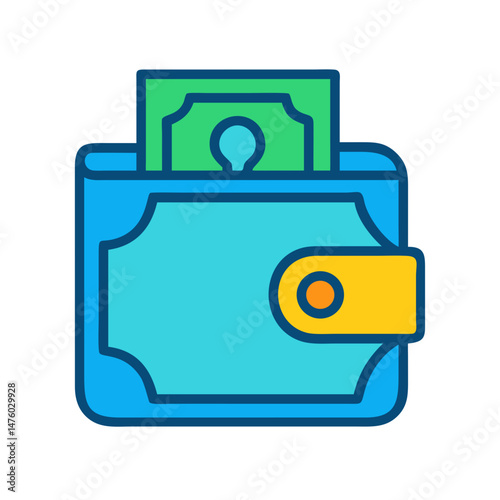 Blue wallet with money sticking out, flat design style