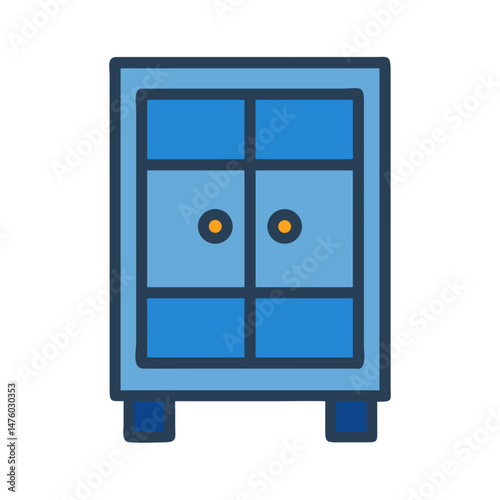 Stylish blue wardrobe cabinet on black background with orange handles