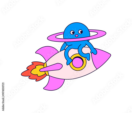 Cute alien riding rocket in space Hand drawn Illustration