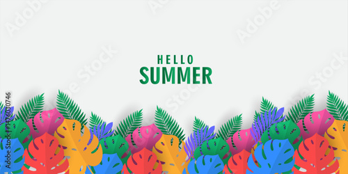 Summer greeting clipart banner poster card set. spring tropical leaves with colorful exotic leave, collection summer or spring poster, flayer, cover, in colorful abstract background