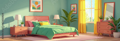 Cheerful bedroom with coral accents and bright sunlight.