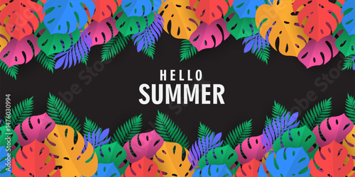 Summer greeting clipart banner poster card set. spring tropical leaves with colorful exotic leave, collection summer or spring poster, flayer, cover, in colorful abstract background