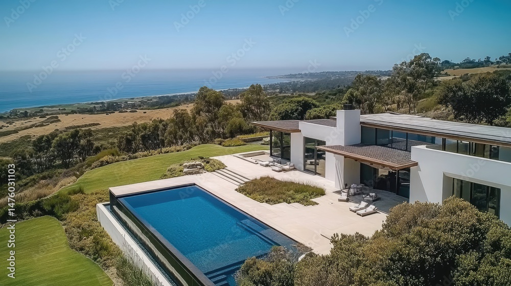Fototapeta premium Panoramic view of a modern home with a swimming pool and ocean vista.