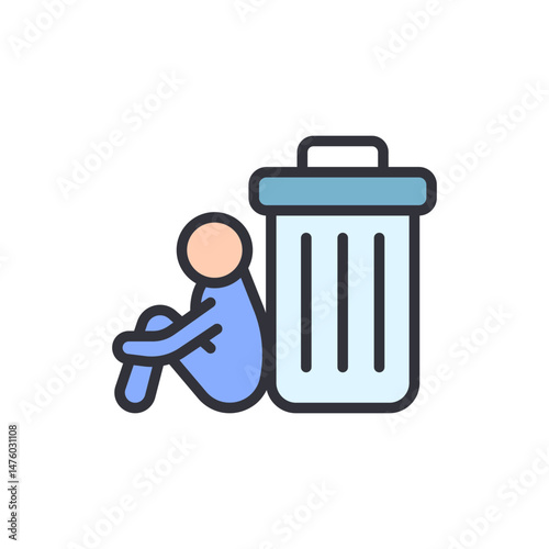 Stylized Illustration Of A Person In Distress Beside A Waste Container