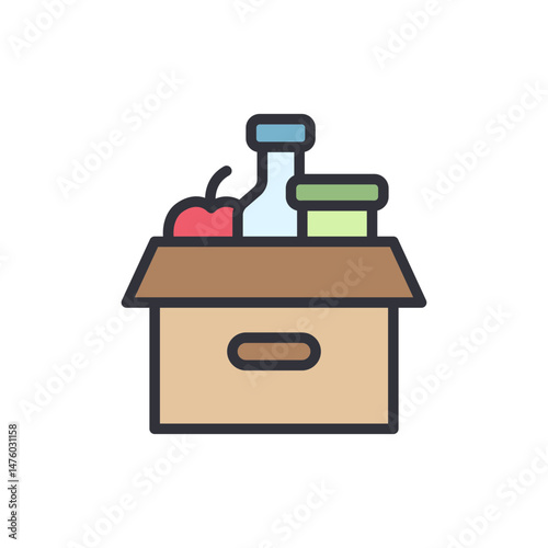 Minimalist Illustration Of A Cardboard Box Filled With Food And Drink