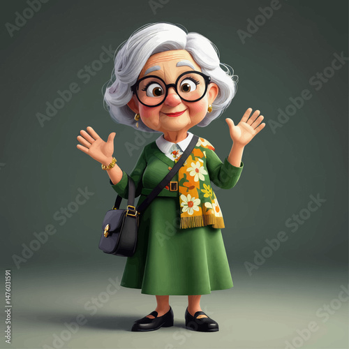 Cheerful senior woman waving hello, green dress, floral scarf