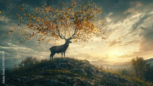 A magical island where the stag antlers sprout branches laden with golden fruit, casting a warm glow over the entire landscape. photo