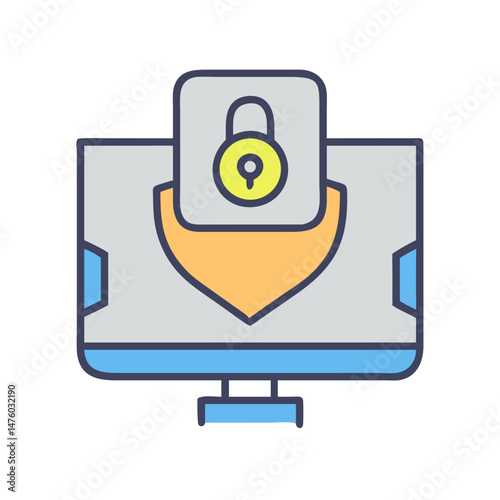 Desktop computer with security shield and padlock icon