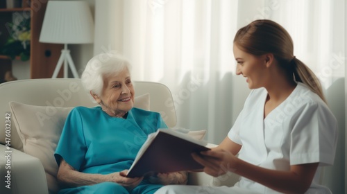 A young nurse assisting an elderly woman in a wheelchair in a cozy, well-lit living room with white curtains and a wooden floor.
