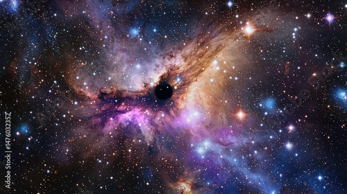 A majestic black hole surrounded by radiant stars and a spectrum of colorful nebulae in a deep cosmic field.