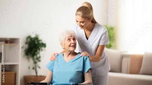 A young woman in a white uniform is assisting an elderly woman in a wheelchair in a bright, well-lit room with a white couch and a potted plant in the background.