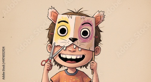 Boy with Cat Mask and Scissors