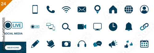Social media icon. Containing contact, social network, email, camera, web, live streaming. Solid vector icon set.
