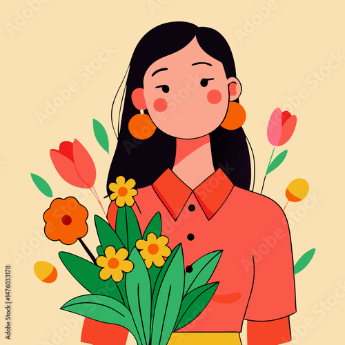 Young Woman Holding Bouquet of Spring Flowers