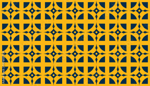 Seamless geometric pattern with interlocking arcs and squares in mustard yellow and navy blue, inspired by mid-century retro design. Ideal for wallpaper, textiles, or digital backgrounds