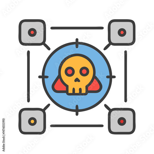 Connected network cyber threat skull with access points