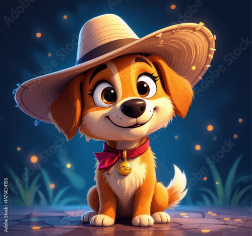 Cute puppy wearing sun hat, red bow, playful joy