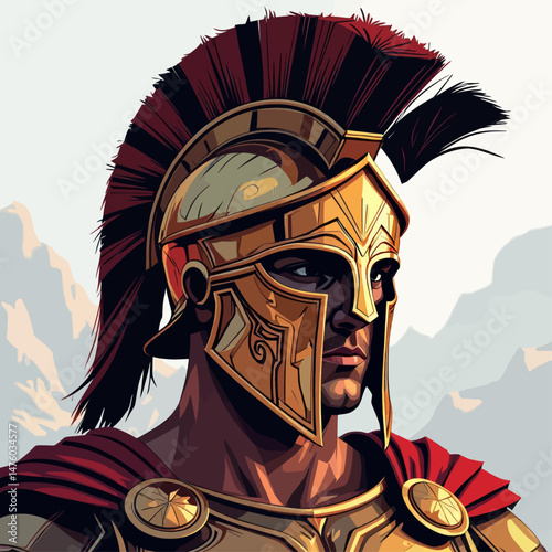 Determined warrior in golden armor, mountain backdrop