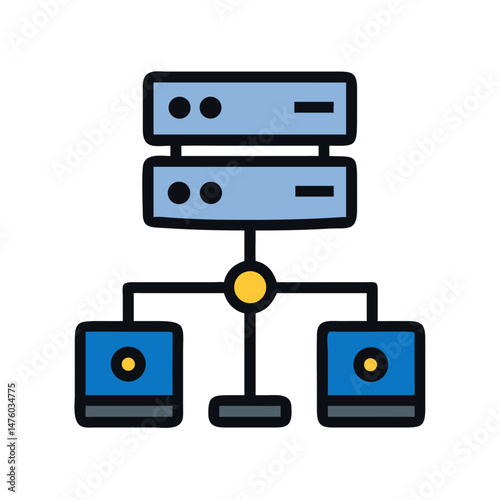Network server data connection linking computers, flat illustration style