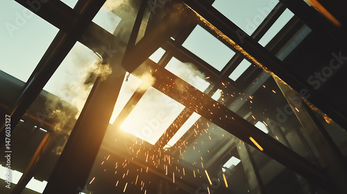 Industrial Setting with Sparks and Sunlight