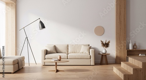 Modern Living Room Interior Design with Brown Leather Chair, Beige Sofa and Wooden Wall Panels - 3D Illustration	