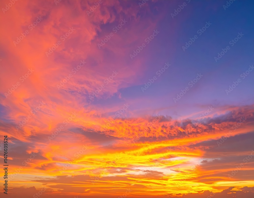 Fototapeta premium A breathtaking sunset casts vibrant hues of orange, pink, and purple across the sky, reflecting on the calm ocean waters, with fluffy clouds adding depth.