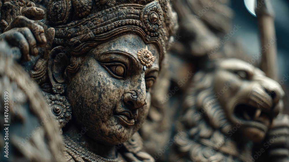 Goddess durga conquers mahishasura in divine battle mythical scene spiritual art monumental detail Goddess durga conquers mahishasura in divine battle mythical scene spiritual art monumental detail