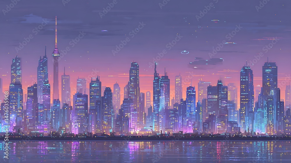 Fototapeta premium Cyberpunk Cityscape Neon Sunset Skyline.