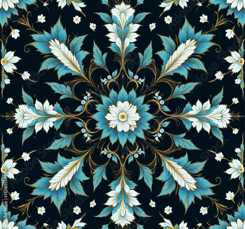 Elegant floral pattern, blue leaves, gold swirls, dark backdrop