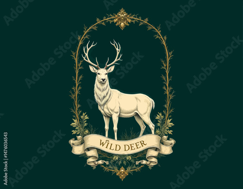Elegant white deer in golden floral frame, forest green background