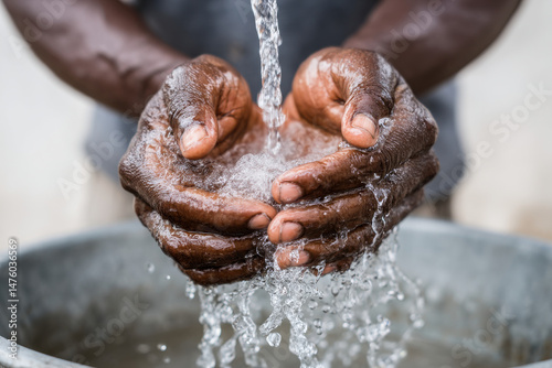 Individual washing hands in water basin highlighting water conservation, global water crisis, and hygiene photo