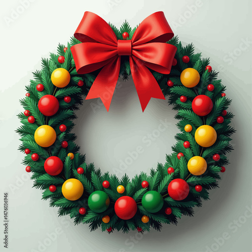 Festive Christmas wreath with red bow and colorful ornaments