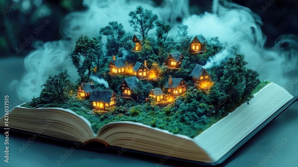 Fototapeta premium Enchanting Village Emerging from Book Pages