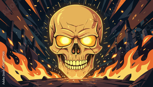 Fiery Skull, Glowing Eyes, Apocalyptic Landscape