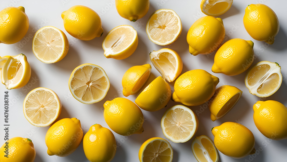 Scattered top view of juicy yellow lemons, including whole, halved, sliced, and quartered pieces