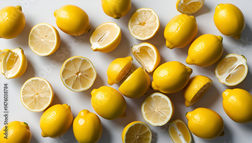 Scattered top view of juicy yellow lemons, including whole, halved, sliced, and quartered pieces