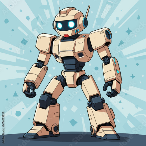 Friendly Beige Robot with Glowing Eyes on Light Blue Background