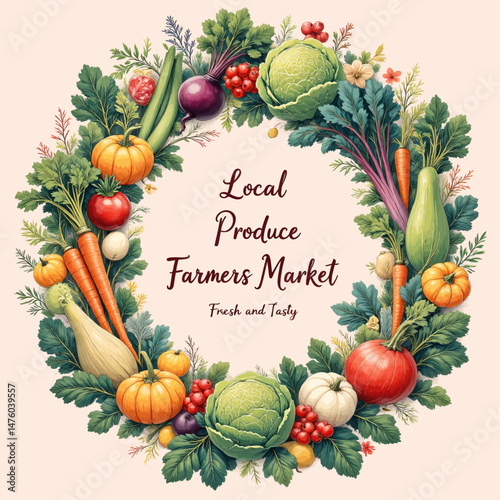 Fresh harvest wreath, local produce, farmers market bounty