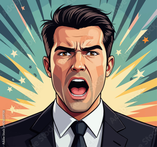 Frustrated man shouting, comic book style anger expression