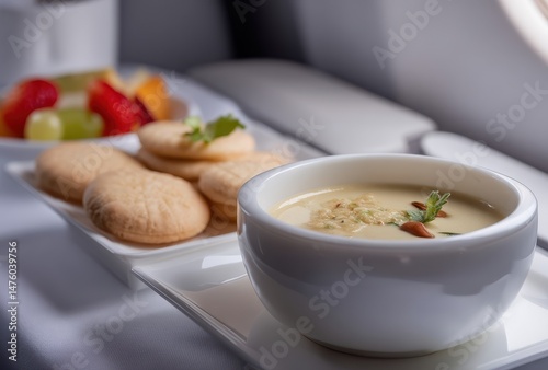 Gourmet In-Flight Meal Featuring Creamy Soup, Fresh Fruits, and Assorted Cookies Served on a Modern Airplane Tray