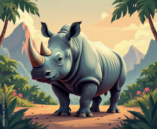 Gentle rhino in tropical landscape, peaceful wildlife scene
