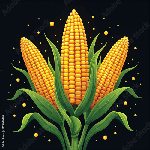 Golden corn cobs with green leaves, harvest abundance, black background