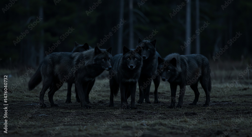 Fototapeta premium Black Wolf Pack in Dark Forest
